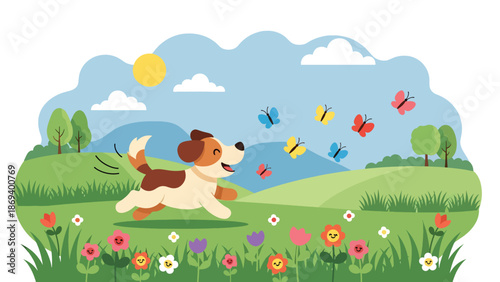Flat vector illustration of a dog chasing butterflies in a meadow, playful nature interaction scene with flowers and joyful pet behavior