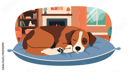Vector illustration of a dog sleeping peacefully on a cushion, calm pet lifestyle scene with cozy indoor atmosphere and relaxation theme