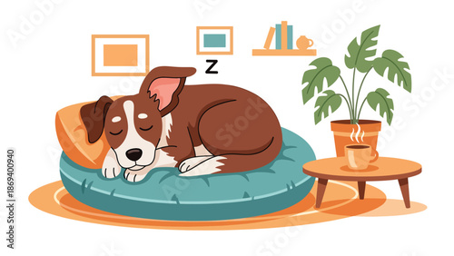 Vector illustration of a dog sleeping peacefully on a cushion, calm pet lifestyle scene with cozy indoor atmosphere and relaxation theme