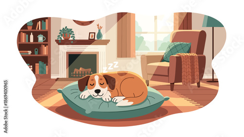 Vector illustration of a dog sleeping peacefully on a cushion, calm pet lifestyle scene with cozy indoor atmosphere and relaxation theme