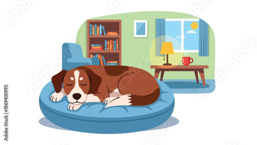 Vector illustration of a dog sleeping peacefully on a cushion, calm pet lifestyle scene with cozy indoor atmosphere and relaxation theme