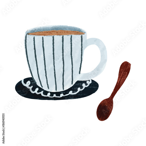Coffee cup and saucer with wooden spoon illustration set. Suitable for cafe branding, coffee menus, breakfast designs, packaging, posters, social media content, and lifestyle food and beverage.