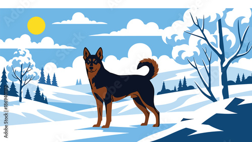 Vector illustration of a dog standing in a snowy landscape, winter wildlife-style scene with alert posture and cold seasonal atmosphere