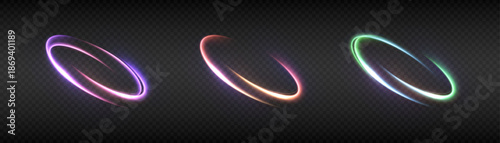 An abstract neon glowing ring. A bright trail of glowing rays swirling in a rapid spiral motion. A bright, colorful swirl. Vector.