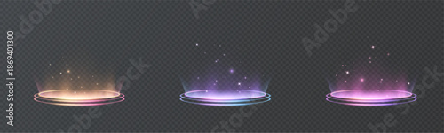 Bright teleportation portals with vertical energy flows, bright rings on a dark background. Futuristic teleportation light effect for games, interfaces, and motion design.
