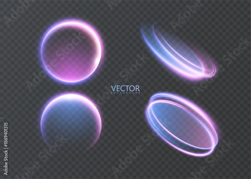 Bright, glowing circles, spheres, and energy rings with backlighting and an internal glow of purple-blue hues. Vector circles and portals for HUD interfaces, game design, and futuristic overlays