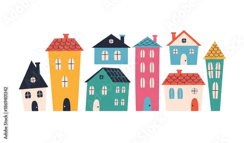 Playful doodle flat tiny houses and abstract urban buildings vector pack for modern city design isolated on transparent background
