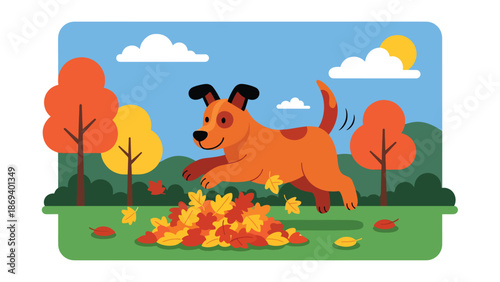 Vector illustration of a dog playing in fallen autumn leaves, seasonal pet activity scene with warm colors and joyful outdoor behavior