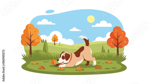 Vector illustration of a dog playing in fallen autumn leaves, seasonal pet activity scene with warm colors and joyful outdoor behavior