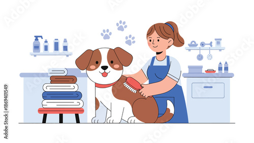Vector illustration of a dog enjoying grooming time, pet care routine scene with brush and towel in clean flat solid color style