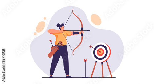 Woman Archery Practice Focus Concentration Target.