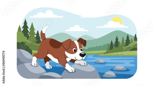 Vector illustration of a dog exploring rocks near a river, nature adventure pet scene with curiosity and outdoor exploration theme