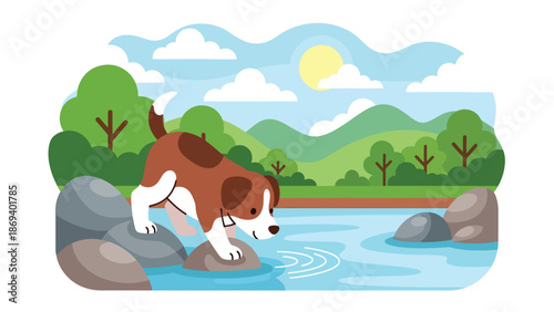 Vector illustration of a dog exploring rocks near a river, nature adventure pet scene with curiosity and outdoor exploration theme
