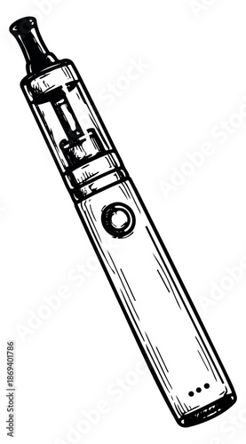 Hand drawn line art illustration of an electronic cigarette depicting a modern personal vaporizer for smoking alternatives