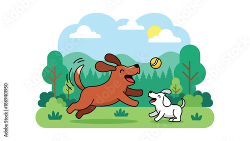 Vector illustration of dogs playing together in a park, social pet activity scene with friendly interaction, grass, and outdoor joy