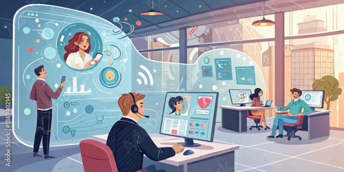Futuristic Workspace Digital Illustration, Modern Stylized Cartoon Home Office with Tech Gadgets and Creative Design