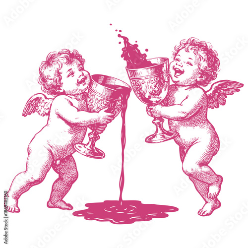 Two joyful cherubs or putti spill wine from large goblets. A playful, vintage vector illustration in a classic engraving style, perfect for a wine label.