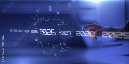 Man presses holographic 2026 year button. Concept of new year, annual plan, growth strategy, business planning, recap, investment trends and strategy road map.