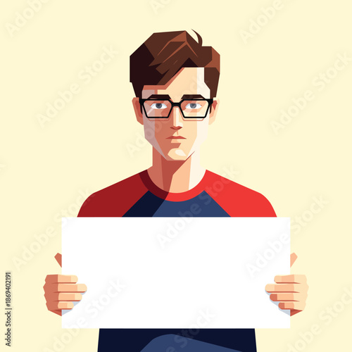 Serious young man with brown hair and glasses holding a blank white sign for a message.
