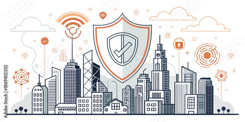 Cyber Security and Data Privacy Shield Illustration, Modern Network Protection against Online Threats and Digital Crimes