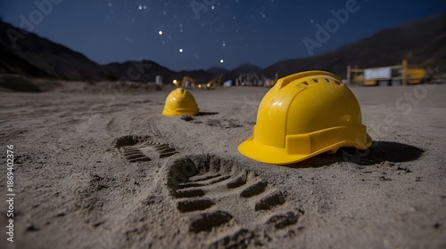 Footprints and yellow hardhats in sand at a construction site under a starry night