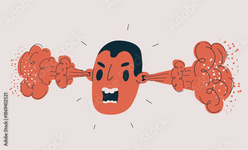 Cartoon vector illustration of an angry man’s face with steam coming out of his ears, symbolizing rage and emotional overload