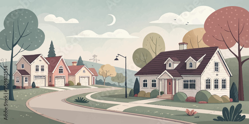 Non-Photorealistic Illustration of Suburban Homes and Residential Neighborhood with a Peaceful Family Atmosphere
