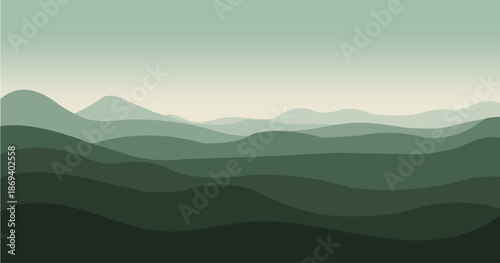 Green mountain landscape background illustration with layered ridges, subtle lighting, and smooth gradients, evoking tranquility, harmony, and a modern digital landscape aesthetic.