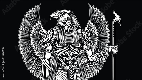 Ancient Egyptian Horus falcon god vector illustration with wings and staff, detailed black white mythology warrior symbol for tattoos, posters, logos