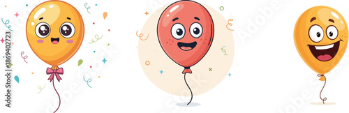 Set of cute happy balloons character with funny faces and colorful confetti for party decoration