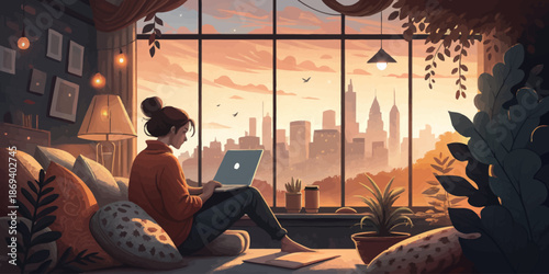 Cozy Home Office Remote Work Scene with Professional Character using Laptop for Freelance Digital Tasks