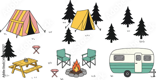 Camping scene with tent camper picnic table and fire