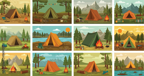 Variety of colorful camping scenes with tents in different natural settings