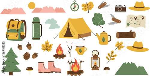Camping and hiking icons and symbols for outdoor adventure travel