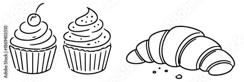 Hand drawn line art sweet treats set featuring two cupcakes and a croissant for cafe menus