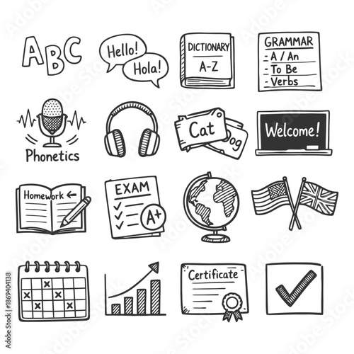 English language learning doodles: phonetics, grammar, exams, and certificates.