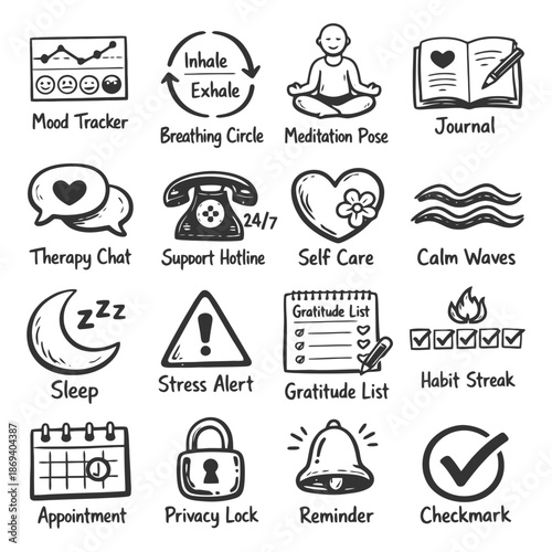 Mental wellness icons: self-care, mindfulness, stress management, relaxation, productivity.