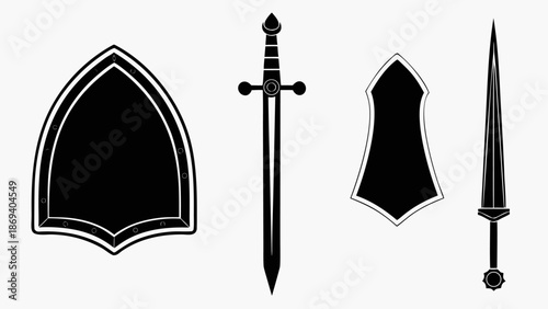 Medieval sword and shield silhouettes for design