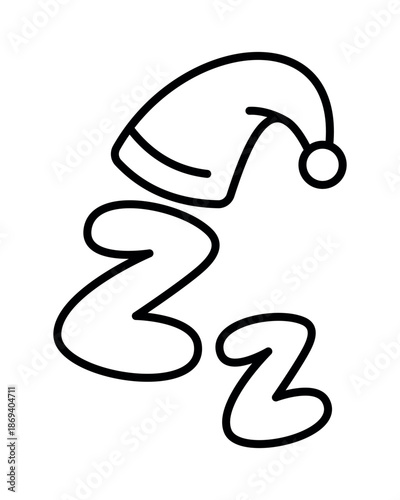 Cute ZZZ sleep symbol with night cap, black and white cartoon illustration representing bedtime and dreams, simple hand drawn style icon for sleep, rest and relaxation concepts