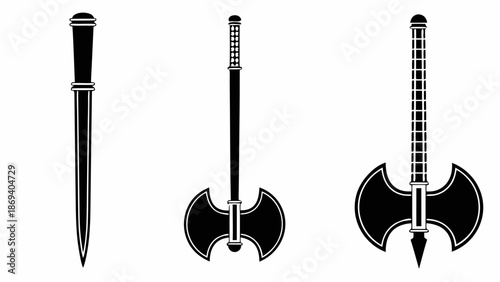 Medieval weapons set with sword and battle axes