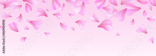 Cherry blossom petals on beautiful pastel background. Vector realistic illustration of sakura or rose flower border with falling particles on pink gradient backdrop, spring banner design