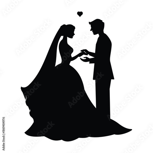 Silhouette of bride and groom vector. A loving couple silhouette vector for valentine's day. Man and woman, couple celebrates a wedding clipart vector illustration.