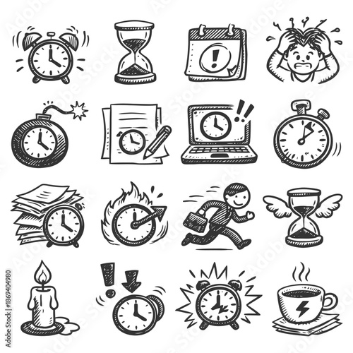 Hand-drawn time management icons: alarm clocks, hourglasses, deadlines, stress, running man.