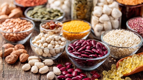Assortment of dry legumes, seeds and grains in bowls on market display for healthy vegetarian diet