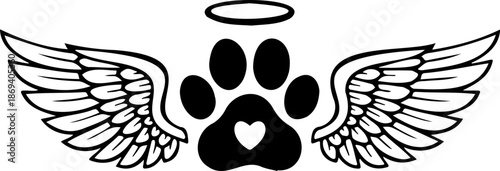 Minimalist Dog Paw Print with Angel Wings and Halo Vector Illustration - Pet Memorial, Bereavement, and Animal Heaven Tribute Concept