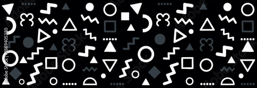 Seamless Black and White Memphis Geometric Icon Pattern Background