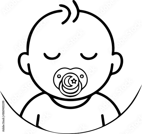 Minimalist Line Art Vector Icon of a Sleeping Baby with a Pacifier, Stars, and Clouds Concept for Nursery Decor, New Born Announcements, and Parenting Graphics