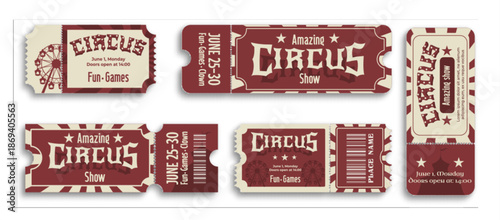 Vintage circus tickets set isolated on white. Vector realistic illustration of red and white retro cards, invitation to theater show or fun fair, admission certificate with seat number and barcode