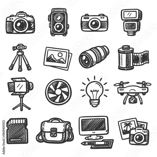 Hand-drawn camera and photography equipment icon set with tripod and drone.