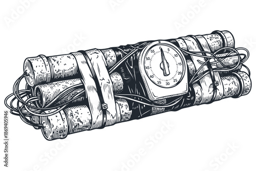 A dynamite time bomb with an analog clock timer. Hand-drawn vector illustration in a classic engraving or woodcut style. Countdown and danger concept.